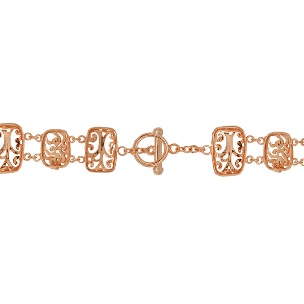 Two-Tone Rose Gold Flashed Sterling Silver Filigree Swirl Diamond-Cut Link Bracelet