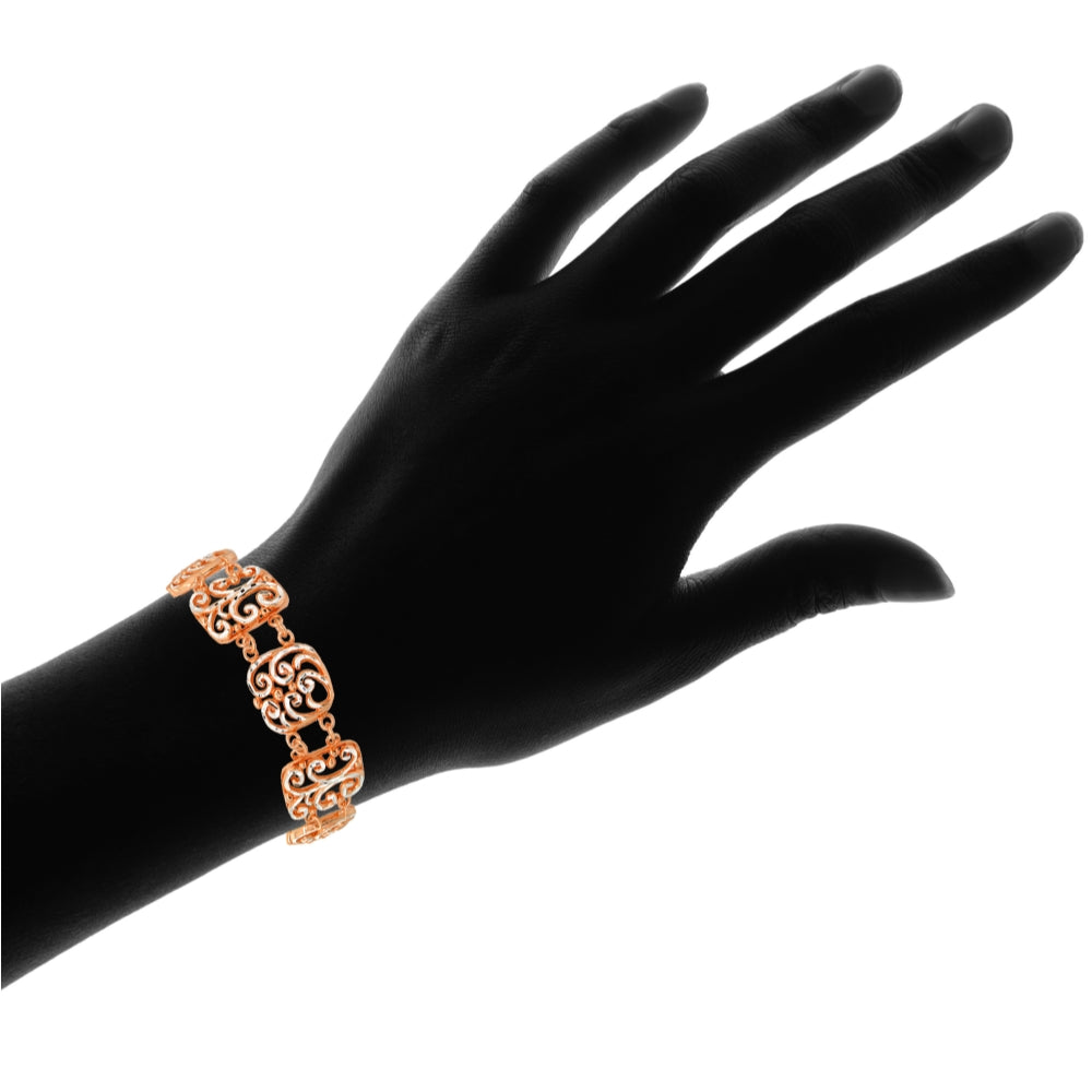 Two-Tone Rose Gold Flashed Sterling Silver Filigree Swirl Diamond-Cut Link Bracelet-3