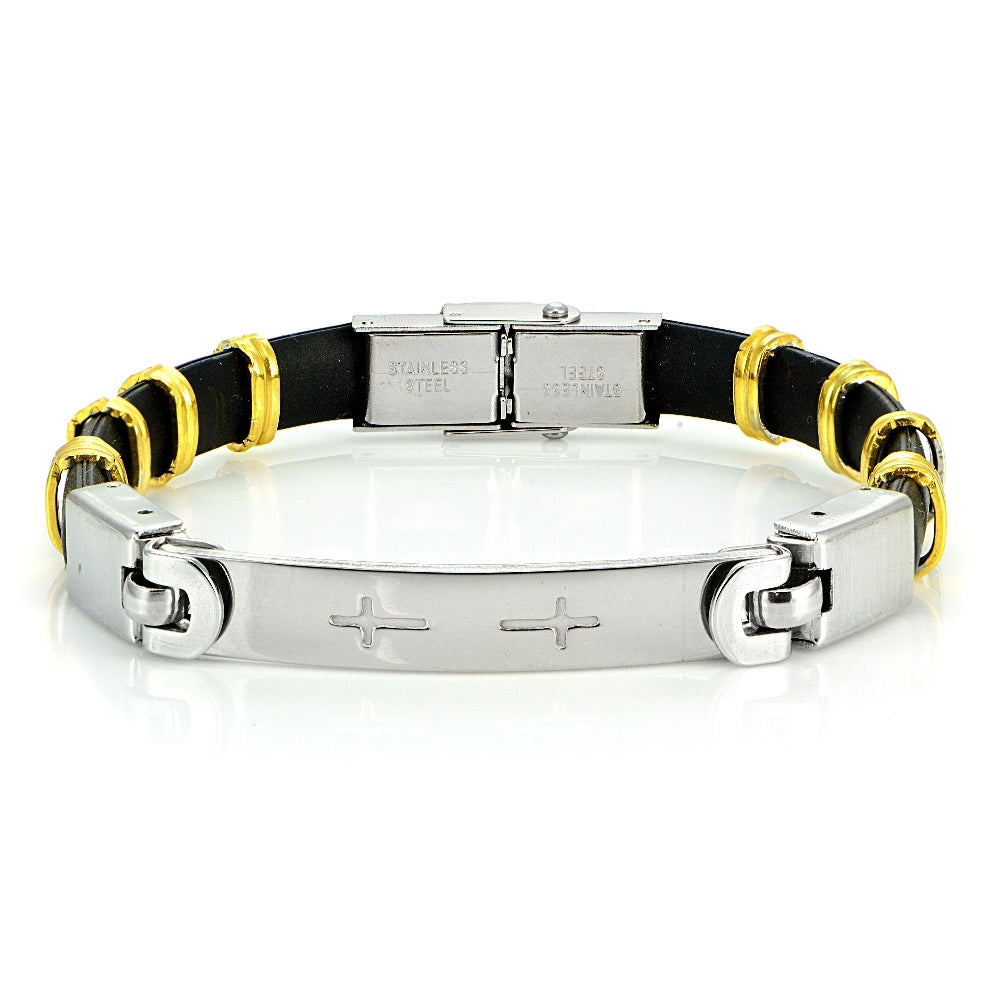 Stainless Steel Two Tone Rubbrty Cross ID Mens Bracelet