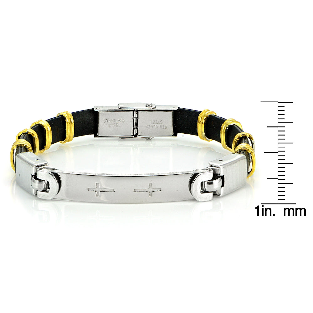 Stainless Steel Two Tone Rubbrty Cross ID Mens Bracelet-3