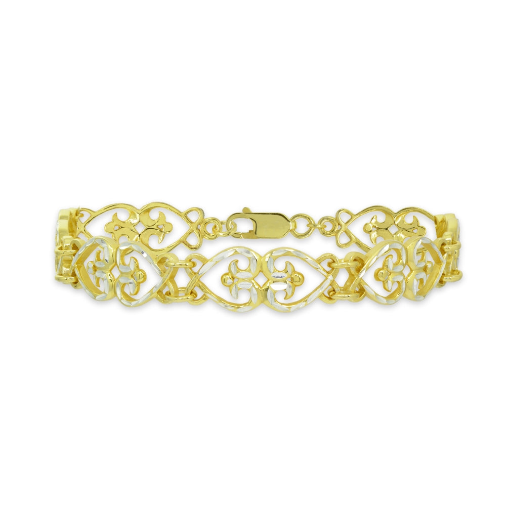 Two-Tone Yellow Gold Flashed Sterling Silver Filigree Hearts Diamond-Cut Link Bracelet