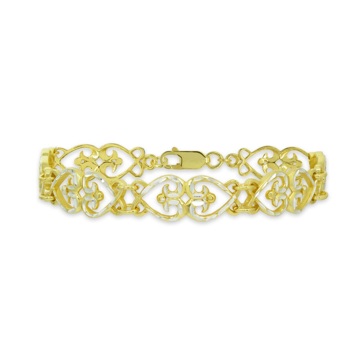 Two-Tone Yellow Gold Flashed Sterling Silver Filigree Hearts Diamond-Cut Link Bracelet