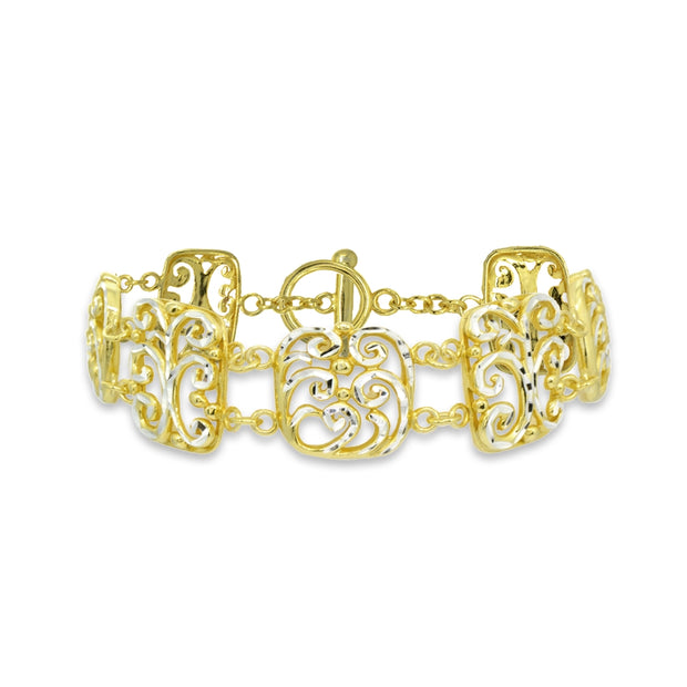 Two-Tone Yellow Gold Flashed Sterling Silver Filigree Swirl Diamond-Cut Link Bracelet