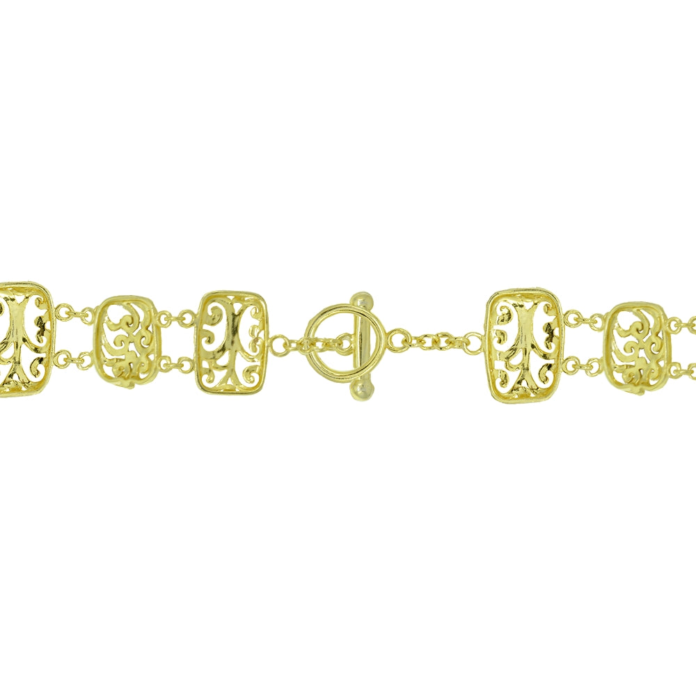 Two-Tone Yellow Gold Flashed Sterling Silver Filigree Swirl Diamond-Cut Link Bracelet-2