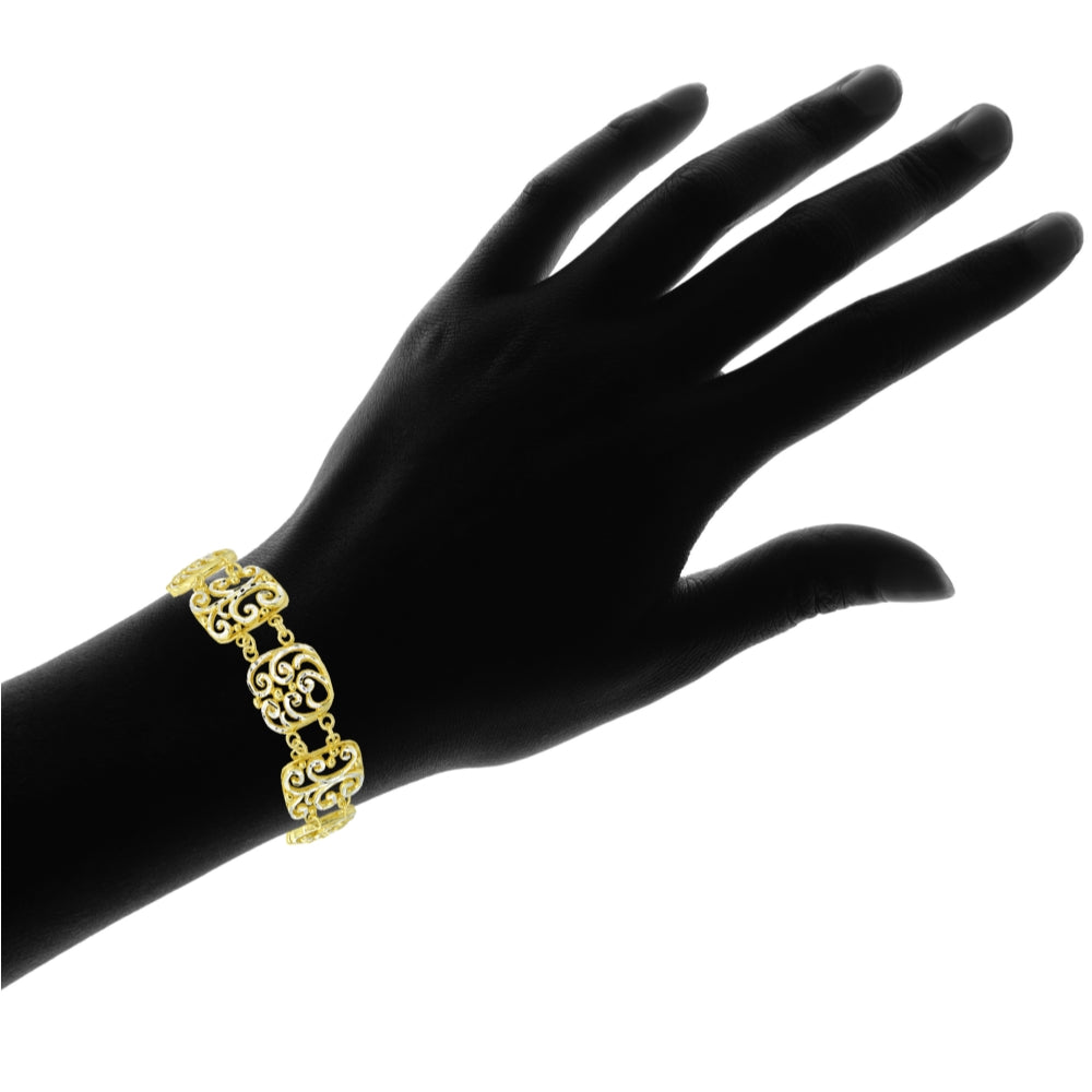 Two-Tone Yellow Gold Flashed Sterling Silver Filigree Swirl Diamond-Cut Link Bracelet-3
