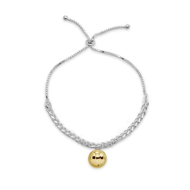 Two-Tone Yellow Gold Flashed Sterling Silver Polished Ball Bead Station Wheat Spiga Chain Adjustable Bolo Bracelet