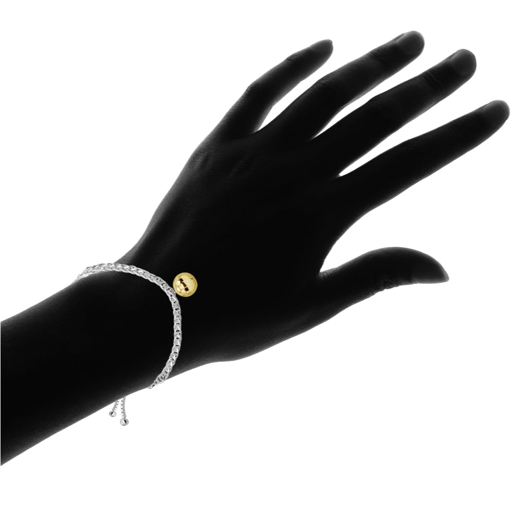Two-Tone Yellow Gold Flashed Sterling Silver Polished Ball Bead Station Wheat Spiga Chain Adjustable Bolo Bracelet-3