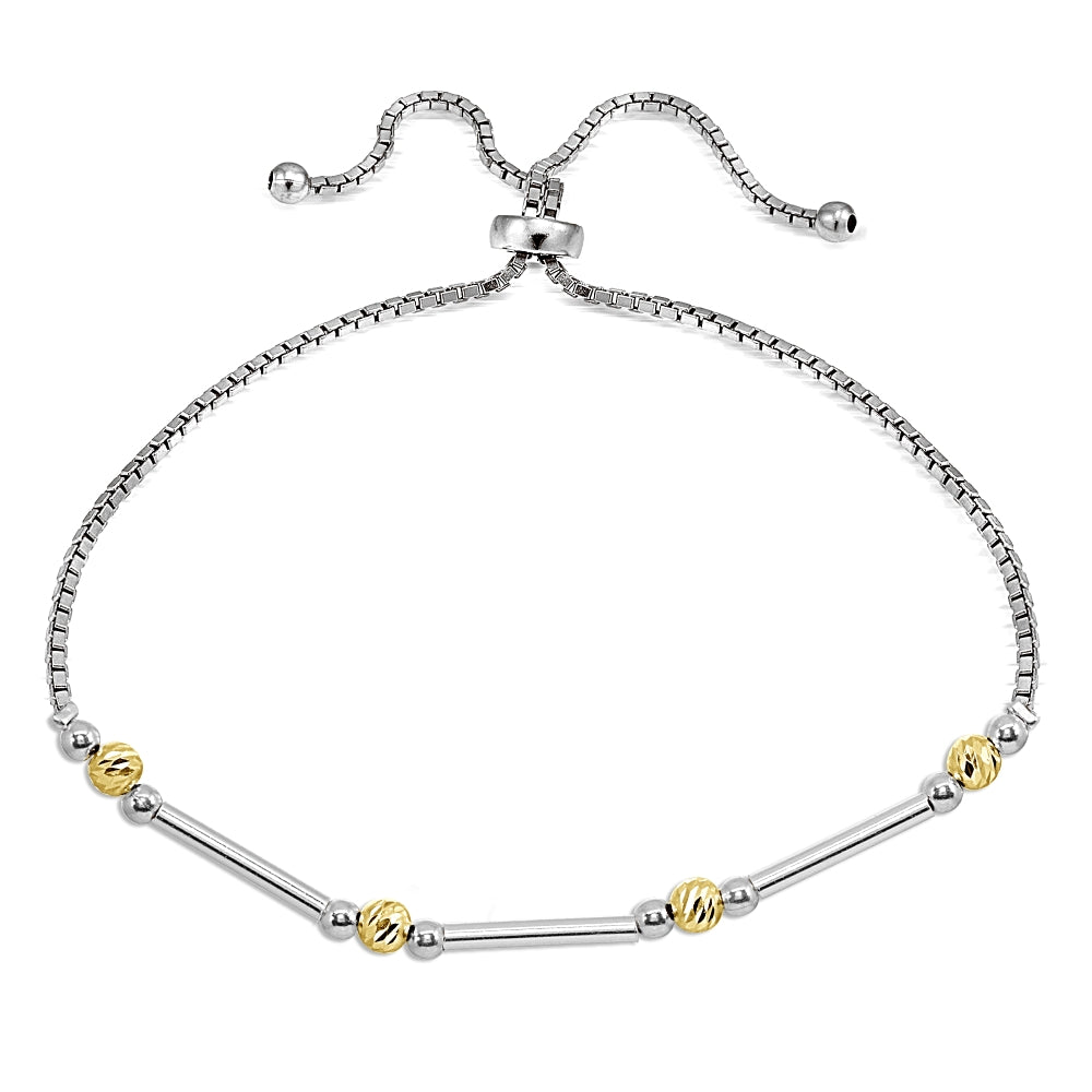 Two-Tone Yellow Gold Flashed Sterling Silver Polished Bar Diamond-Cut Beads Adjustable Chain Bolo Bracelet