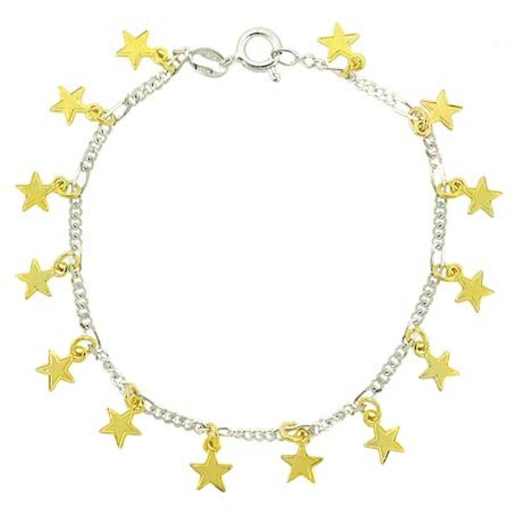 Sterling Silver Two Tone Figaro Chain Dangling Stars Bracelet