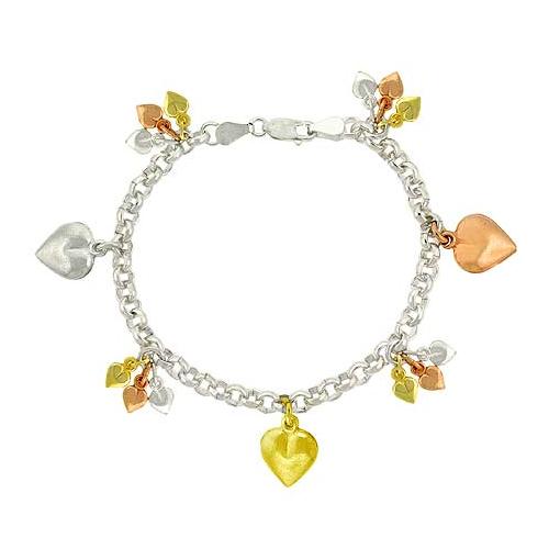 Sterling Silver Tricolor Puffed Heart Charm Bracelet