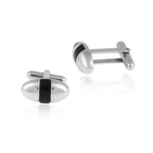 Stainless Steel & Black Enamel Stripe Oval Men's Cufflinks