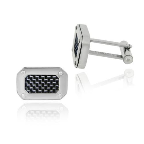 Stainless Steel and Black Carbon Fiber Rectangle Men's Cufflinks-2