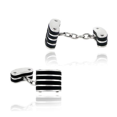 Stainless Steel and Black Rubber Striped Chain Cufflinks
