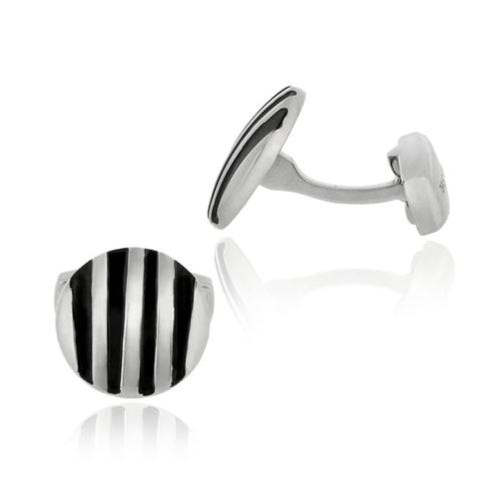 Stainless Steel & Black Enamel Stripe Round Men's Cufflinks