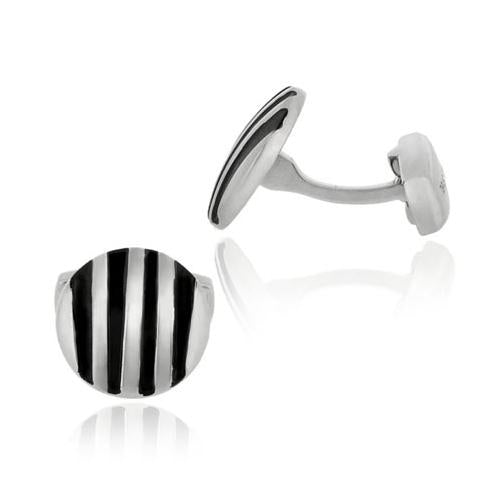 Stainless Steel & Black Enamel Stripe Round Men's Cufflinks-2