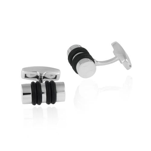 Stainless Steel & Black Rubber Striped Tube Men's Cufflinks