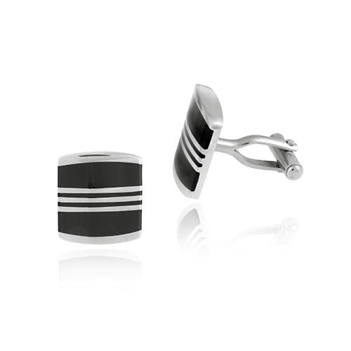 Stainless Steel & Black Enamel Striped Square Men's Cufflinks-2