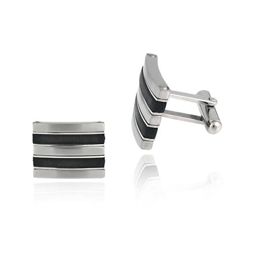 Brushed Stainless Steel and Black Rubber Stripe Rectangle Cufflinks