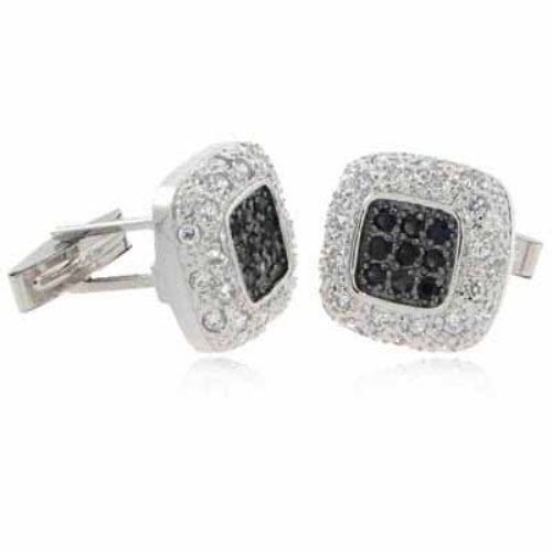 Sterling Silver Black & Clear CZ Pave Square Men's Cufflinks
