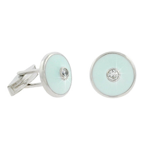 Sterling Silver CZ & Teal Enamel Round Men's Cufflinks