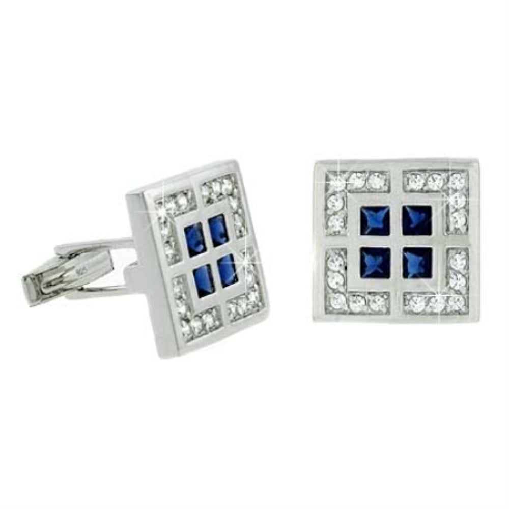 Sterling Silver Clear & Blue CZ Square Geometric Men's Cufflinks