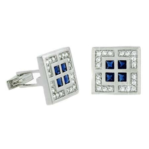 Sterling Silver Clear & Blue CZ Square Geometric Men's Cufflinks-2