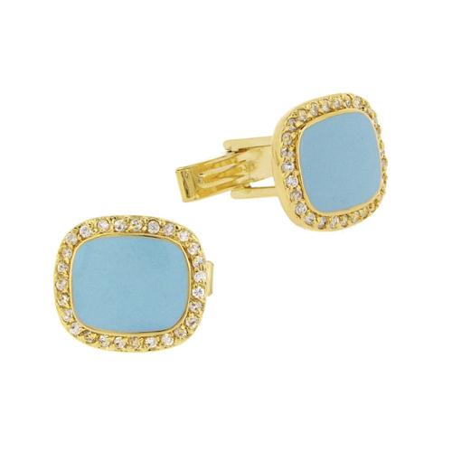 18k Gold Over Sterling Silver Teal Enamel & CZ Men's Cufflinks-2
