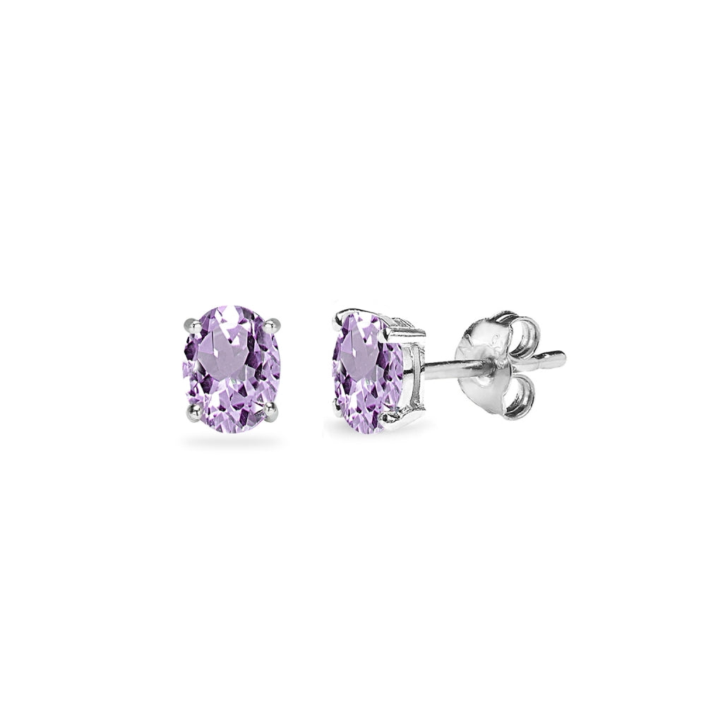 Sterling Silver Amethyst 5x3mm Oval-Cut Solitaire Stud Earrings