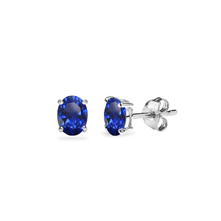Sterling Silver Created Blue Sapphire 5x3mm Oval-Cut Solitaire Stud Earrings