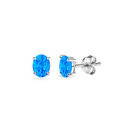 Sterling Silver Created Blue Opal 5x3mm Oval-Cut Solitaire Stud Earrings