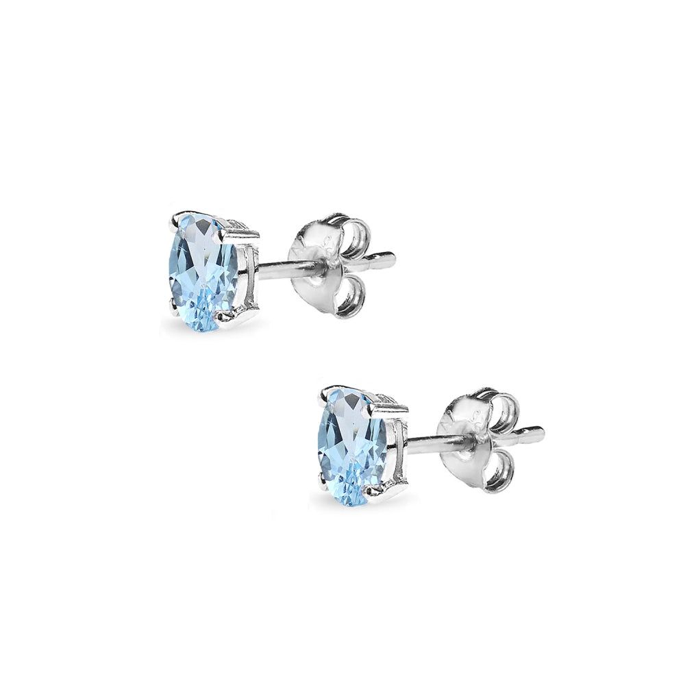 Sterling Silver Blue Topaz 5x3mm Oval-Cut Solitaire Stud Earrings-2