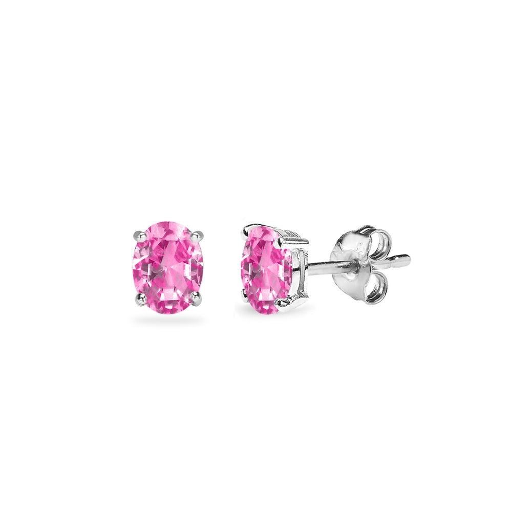 Sterling Silver Created Pink Sapphire 5x3mm Oval Solitaire Dainty Stud Earrings