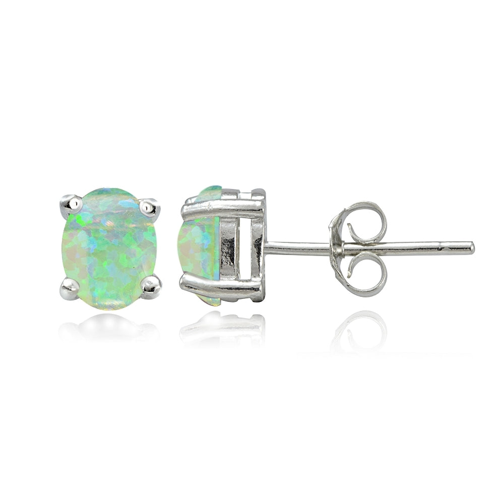 Sterling Silver Created Green Opal 5x3 Oval Stud Earrings