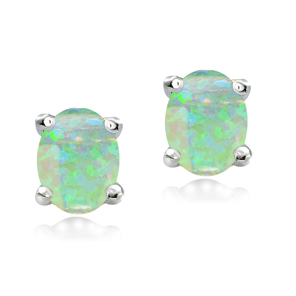 Sterling Silver Created Green Opal 5x3mm Oval Stud Earrings-3