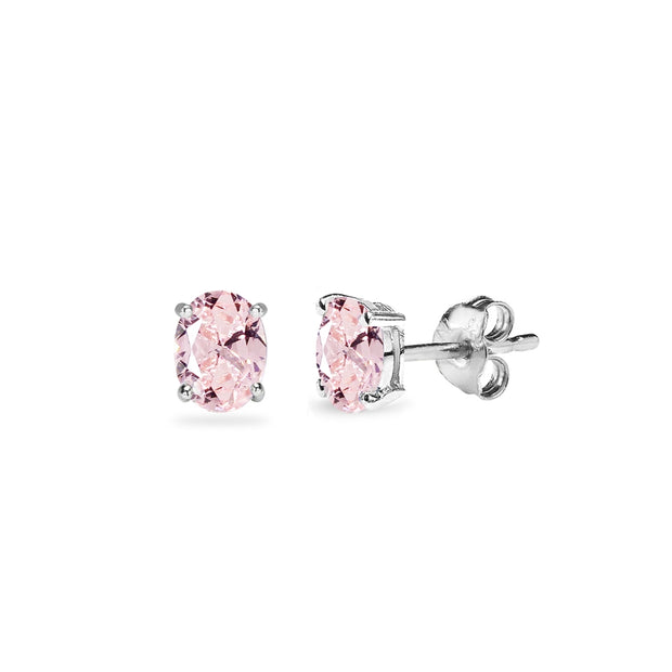Sterling Silver Created Morganite 5x3mm Oval Solitaire Dainty Stud Earrings