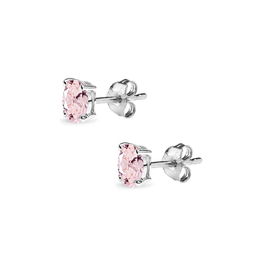 Sterling Silver Created Morganite 5x3mm Oval Solitaire Dainty Stud Earrings-2