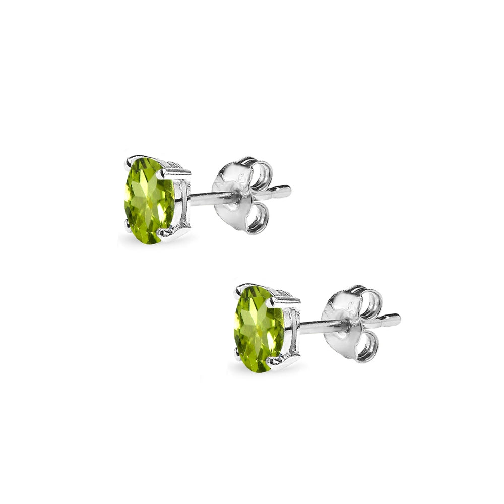 Sterling Silver Peridot 5x3mm Oval-Cut Solitaire Stud Earrings-2