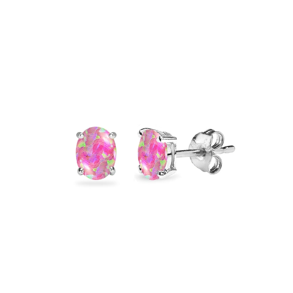 Sterling Silver Created Pink Opal 5x3mm Oval-Cut Solitaire Stud Earrings