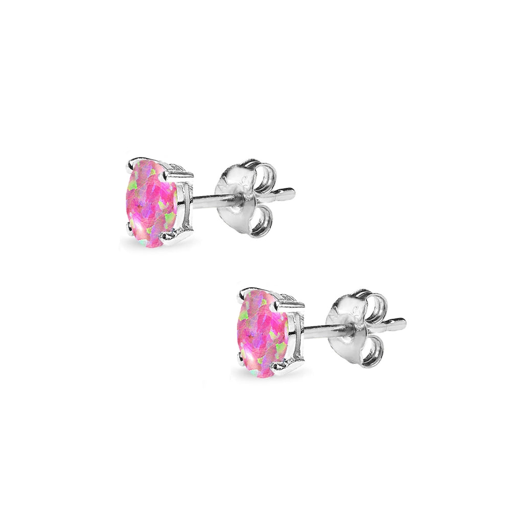 Sterling Silver Created Pink Opal 5x3mm Oval-Cut Solitaire Stud Earrings-2