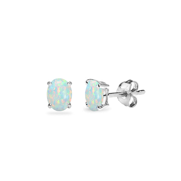 Sterling Silver Created White Opal 5x3mm Oval-Cut Solitaire Stud Earrings
