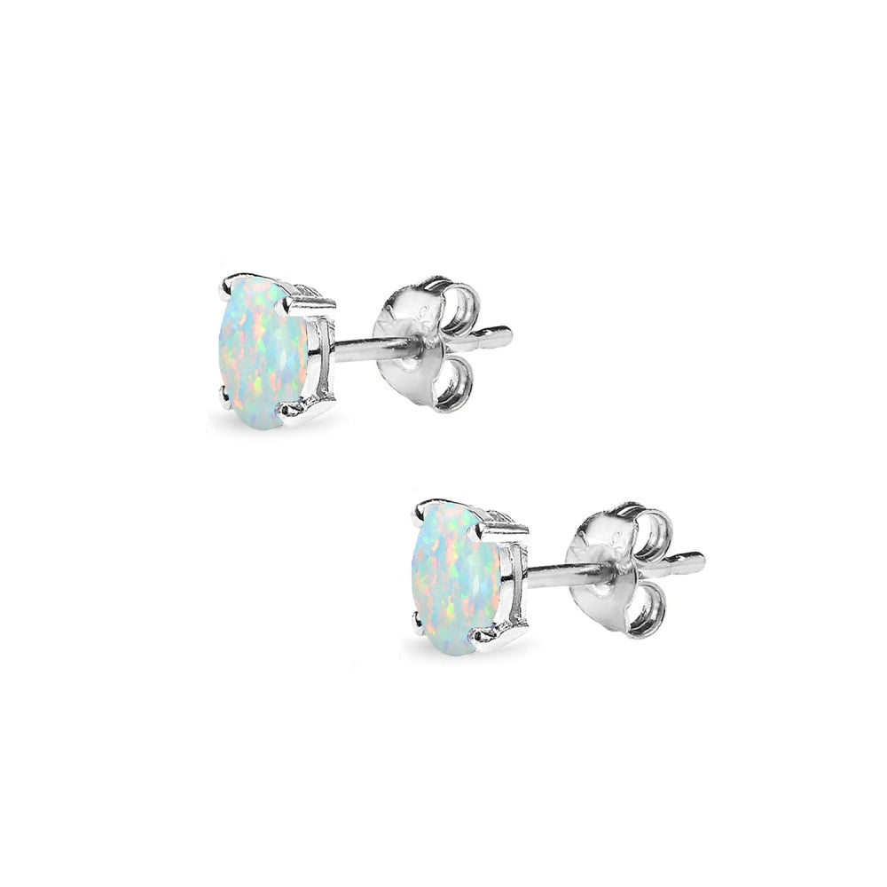 Sterling Silver Created White Opal 5x3mm Oval-Cut Solitaire Stud Earrings-2