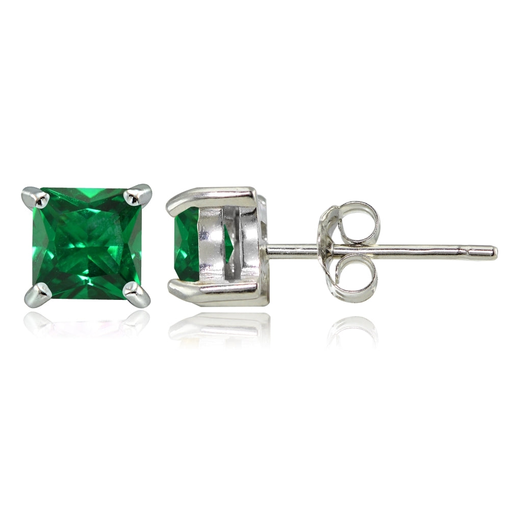 Sterling Silver Created Emerald 4mm Square Stud Earrings