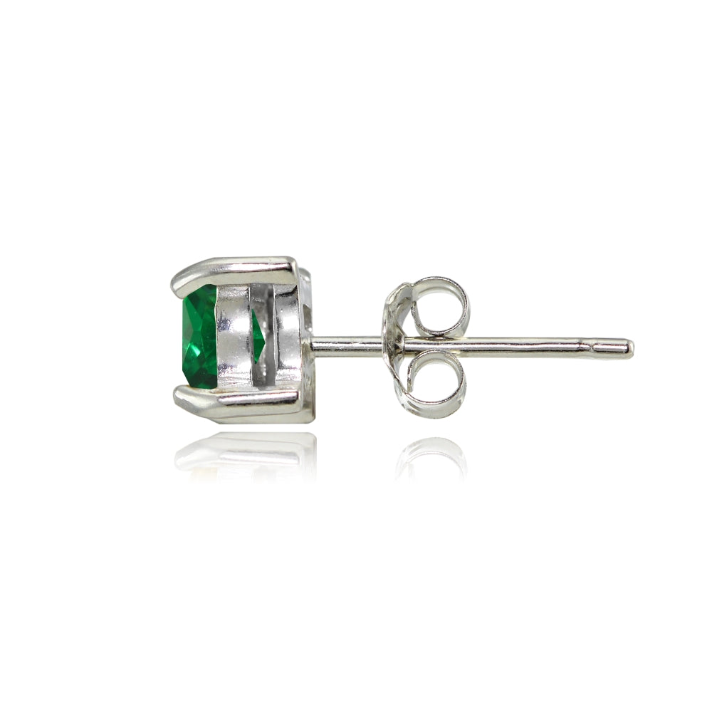 Sterling Silver Created Emerald 4mm Square Stud Earrings-2