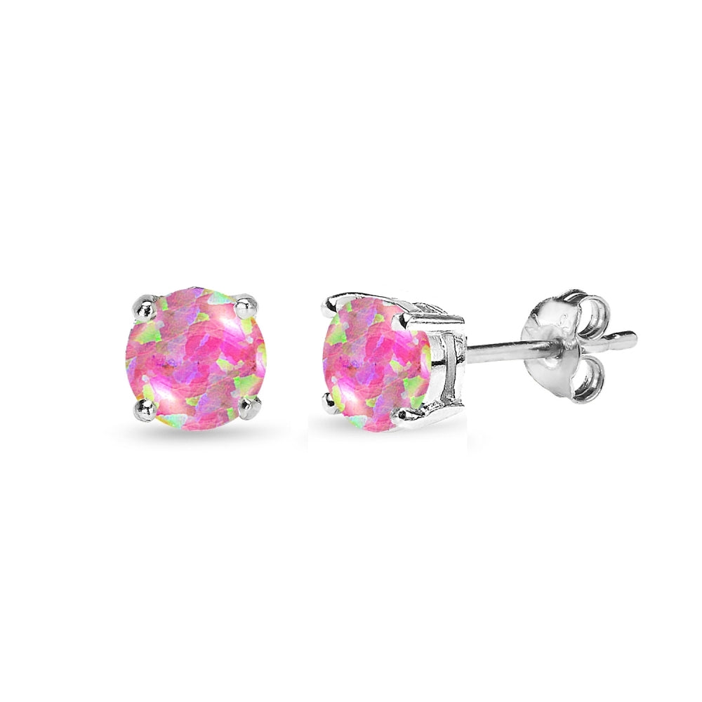 Sterling Silver Created Pink Opal 5mm Round Solitaire Stud Earrings-3