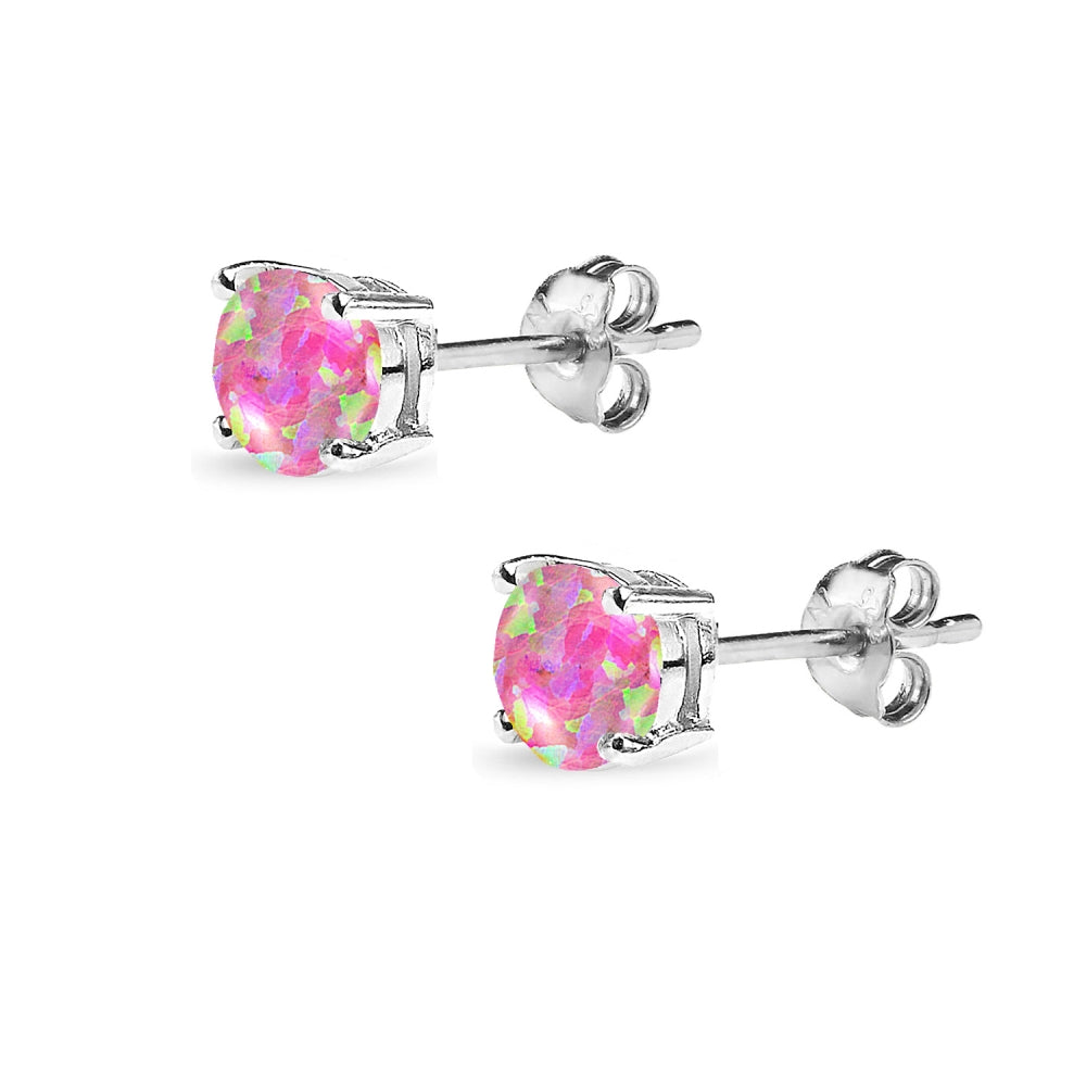 Sterling Silver Created Pink Opal 5mm Round Solitaire Stud Earrings-4