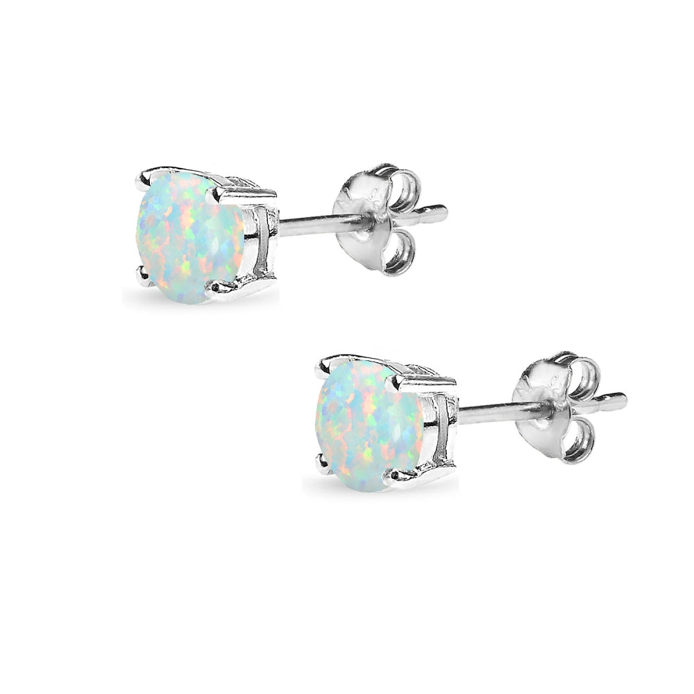 Sterling Silver Created White Opal 5mm Round-Cut Solitaire Stud Earrings-2
