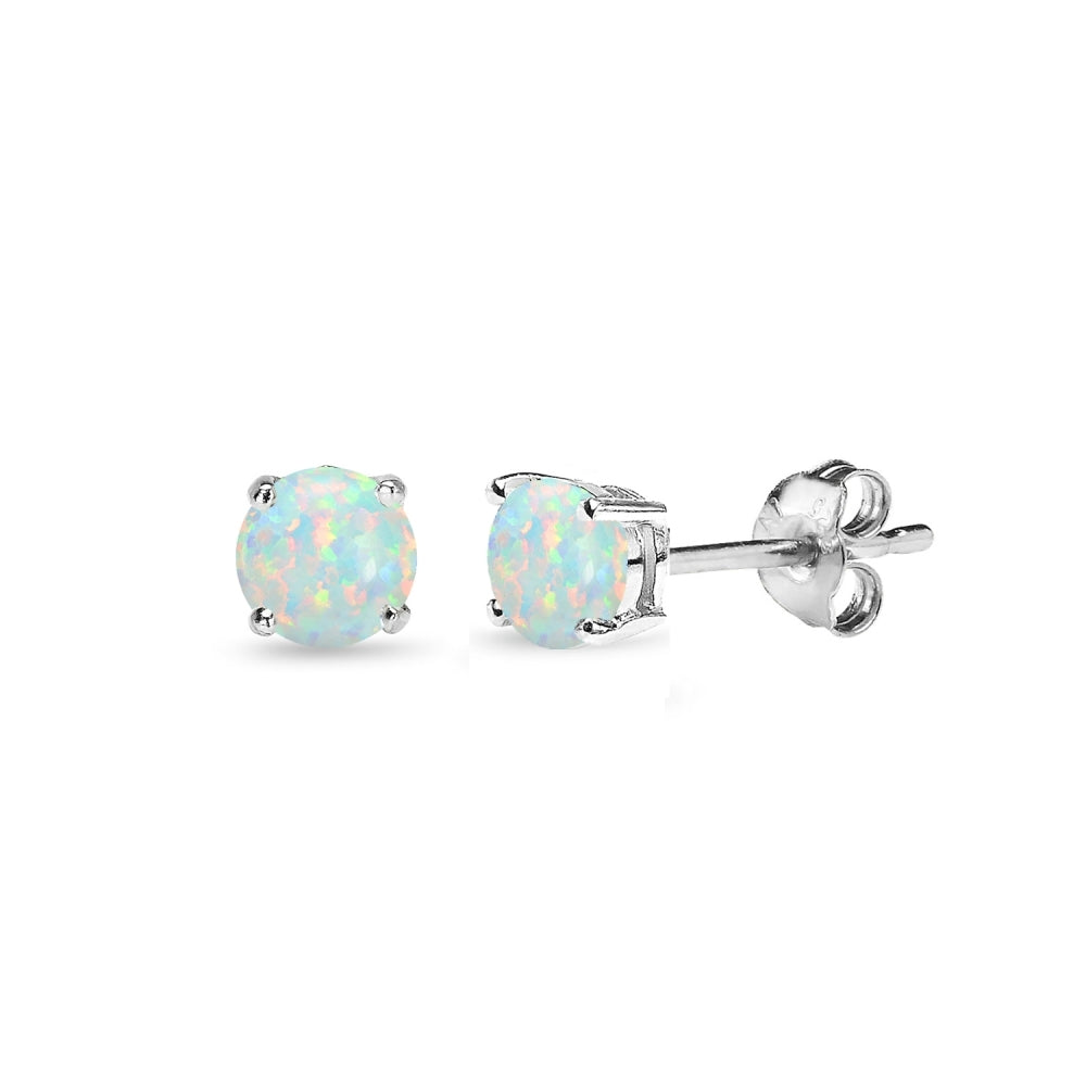 Sterling Silver Created White Opal 4mm Round-Cut Solitaire Stud Earrings