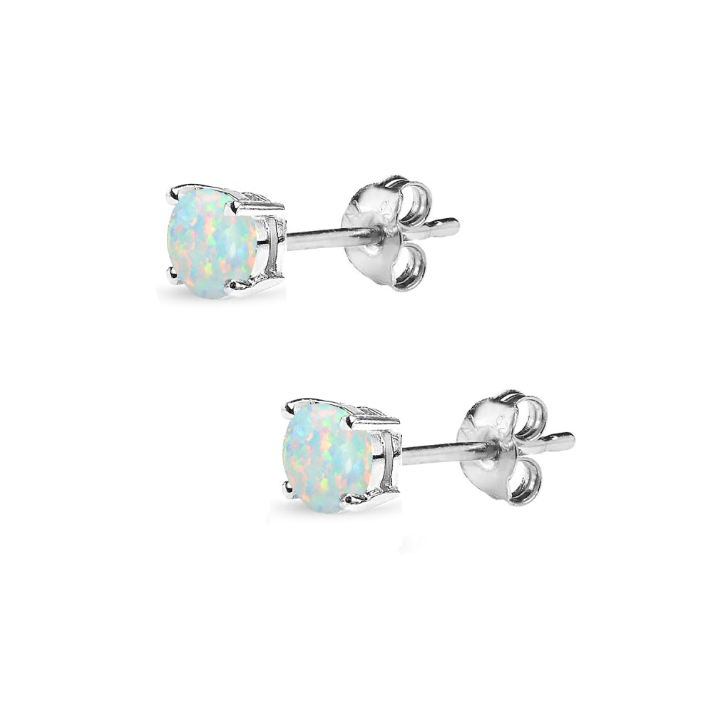Sterling Silver Created White Opal 4mm Round-Cut Solitaire Stud Earrings-2