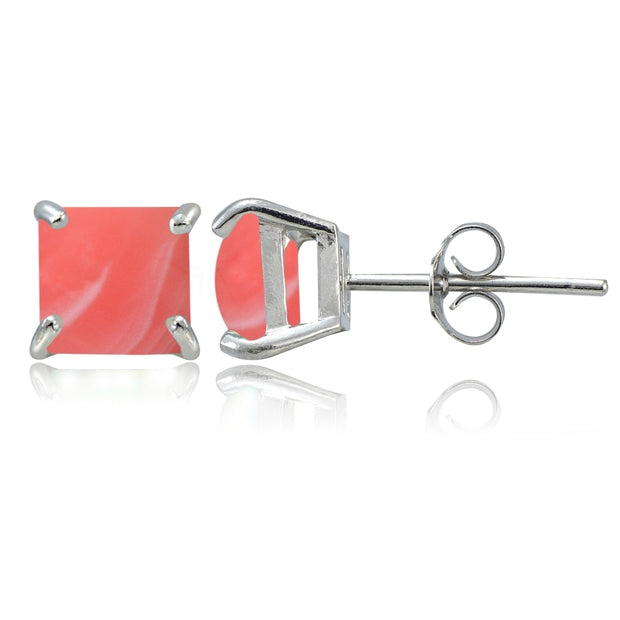 Sterling Silver Dyed Coral Square Stud Earrings