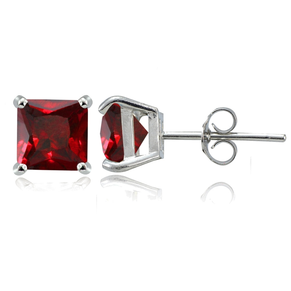 Sterling Silver Garnet 6mm Square Stud Earrings